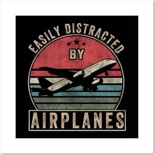 Easily Distracted By Airplanes Retro Airplane Funny Pilot Posters and Art